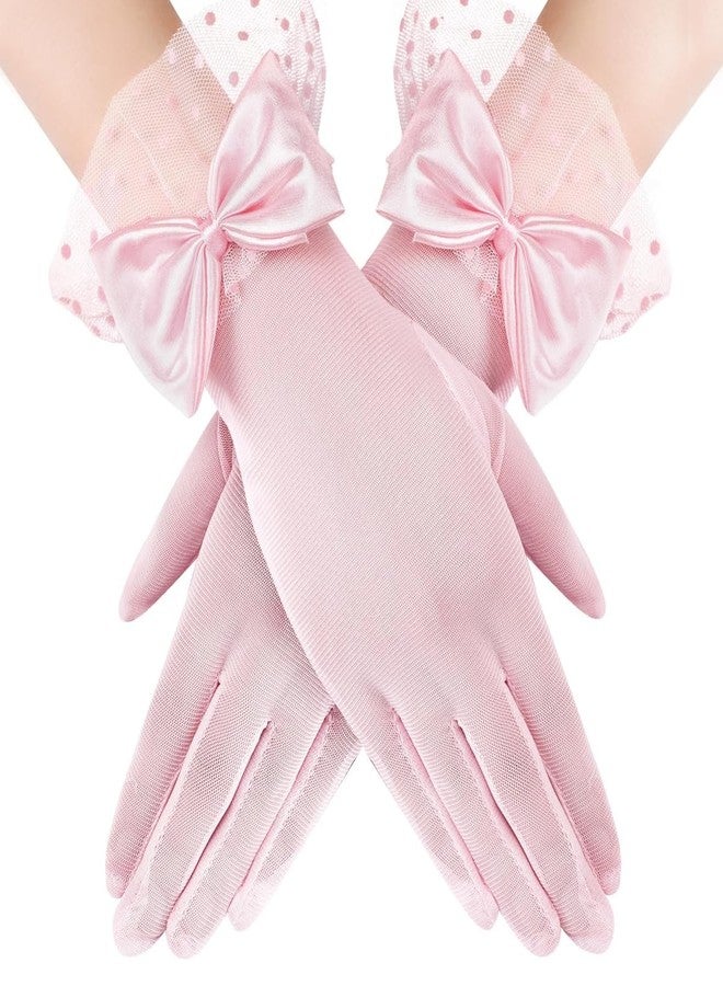 PATPAT® 1 Pair Pink Lace Gloves for Women, Bridal Elegant Gown Net Gloves for Women with Bow and Lace Cuff, Adult Ladies Elegant Mittens for Wedding Party Festival Photography Formal Gown Accessories - Image 1